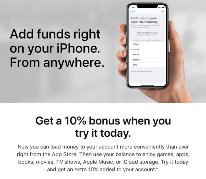 Apple 10 percent bonus add funds to account